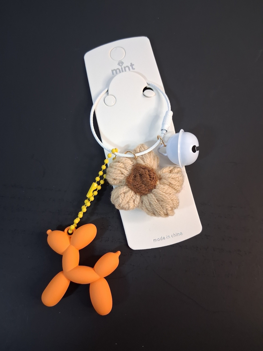 Mint Orange Balloon Dog Keyring with Beige Knit Flower & White Bell